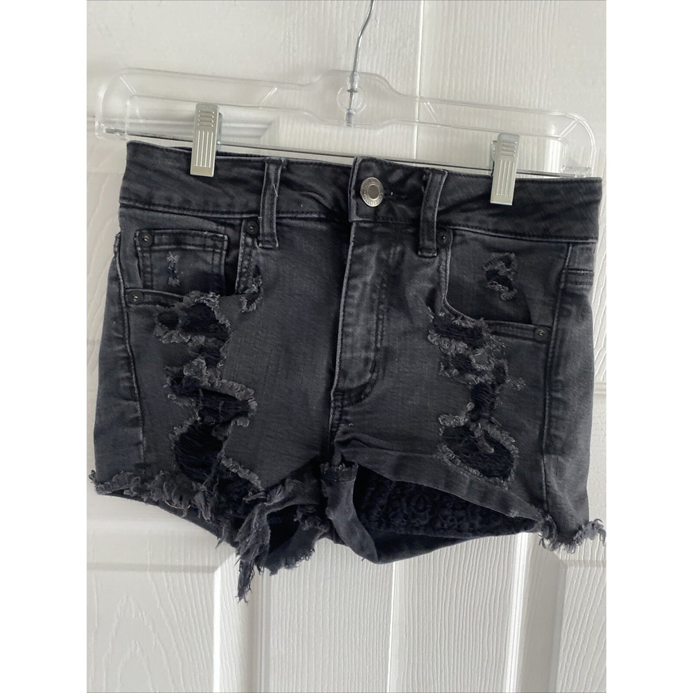 American Eagle Hi-Rise Shortie Womens‎ Size 2 Black Distressed Lace Denim Shorts